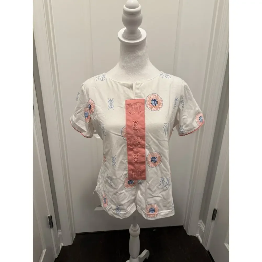 Asian Shirt Small Size White Blue And Pink